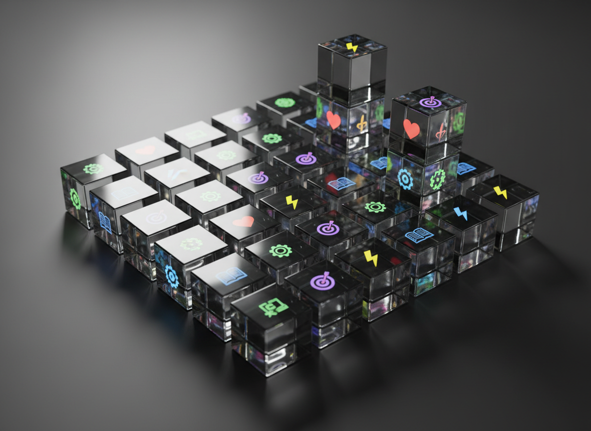 A neatly organized, modular grid of transparent glass cubes arranged on a matte charcoal surface, each cube containing a small, glowing symbol representing a life domain: a book for knowledge, a heart for relationships, a gear for systems, a lightning bolt for energy, and a target for goals. Some cubes are stacked to form higher columns, visually suggesting compounding growth. A single shaft of soft, focused studio light from the left creates gentle highlights on the glass edges and complex, overlapping shadows on the surface. Captured from a slightly elevated three-quarter angle with moderate depth of field, the foreground cubes are crisp while the rear gradually soften, evoking a calm, analytical, professional mood in clean photographic realism, embodying the idea of scaling every area of life.