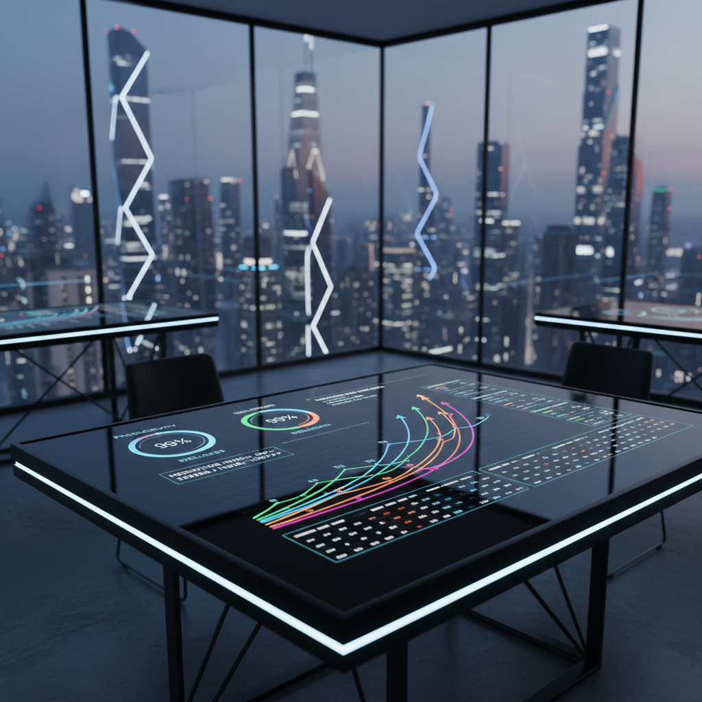 A pristine, high-tech control dashboard embedded into a minimalist black glass table, its surface displaying glowing, multicolored performance meters, habit trackers, and cascading growth curves, all trending sharply upward. Around the table, the room is a clean, modern workspace with glass walls revealing a distant, futuristic city skyline at dusk. Cool blue and white LED strip lights run along the edges of the table, creating reflections and subtle highlights on the glossy surfaces. Photographed from a slightly elevated angle with a wide lens, the dashboard dominates the foreground while the city remains tastefully blurred, conveying focus, ambition, and constant scaling in a photographic realism style with a precise, professional mood.