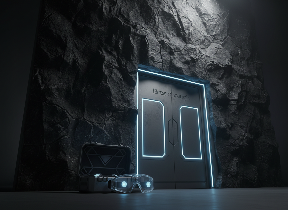 A massive, dark, rocky wall representing fear, with intricate, jagged textures, standing before a sleek, futuristic door made of brushed metal and glowing blue outlines, labeled with a subtle engraved word “Breakthrough.” In front of the wall lies a small, open case containing an advanced pair of translucent “fear goggles,” their lenses softly illuminated from within. Dramatic side lighting from the right throws the rock’s rough texture into high relief, while the door and goggles gleam with controlled highlights. Shot from a low, forward angle with the goggles sharply in focus and the daunting wall rising behind, the composition uses rule of thirds to balance obstacles and opportunity. The photographic, cinematic style creates a bold, intense, yet hopeful atmosphere about confronting and scaling past fear.