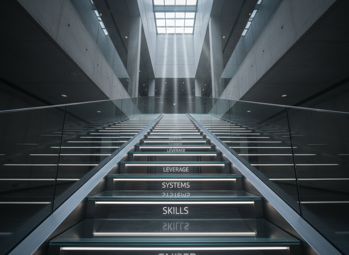 A towering, multi-level staircase made of brushed steel and clear tempered glass, rising through a cavernous, ultra-modern interior atrium. Each step is engraved with subtle keywords like “Skills,” “Systems,” “Leverage,” and “Compounding,” illuminated gently from below by thin LED strips. Soft, diffused daylight filters down from a massive skylight above, creating clean vertical shafts of light and faint, elongated shadows along the stairs. The image is shot from a low-angle perspective at the base of the staircase, emphasizing endless upward movement and potential. The overall aesthetic is clean, photographic, and highly professional, with crisp detail throughout, symbolizing personal scaling as a structured, repeatable ascent rather than random growth.