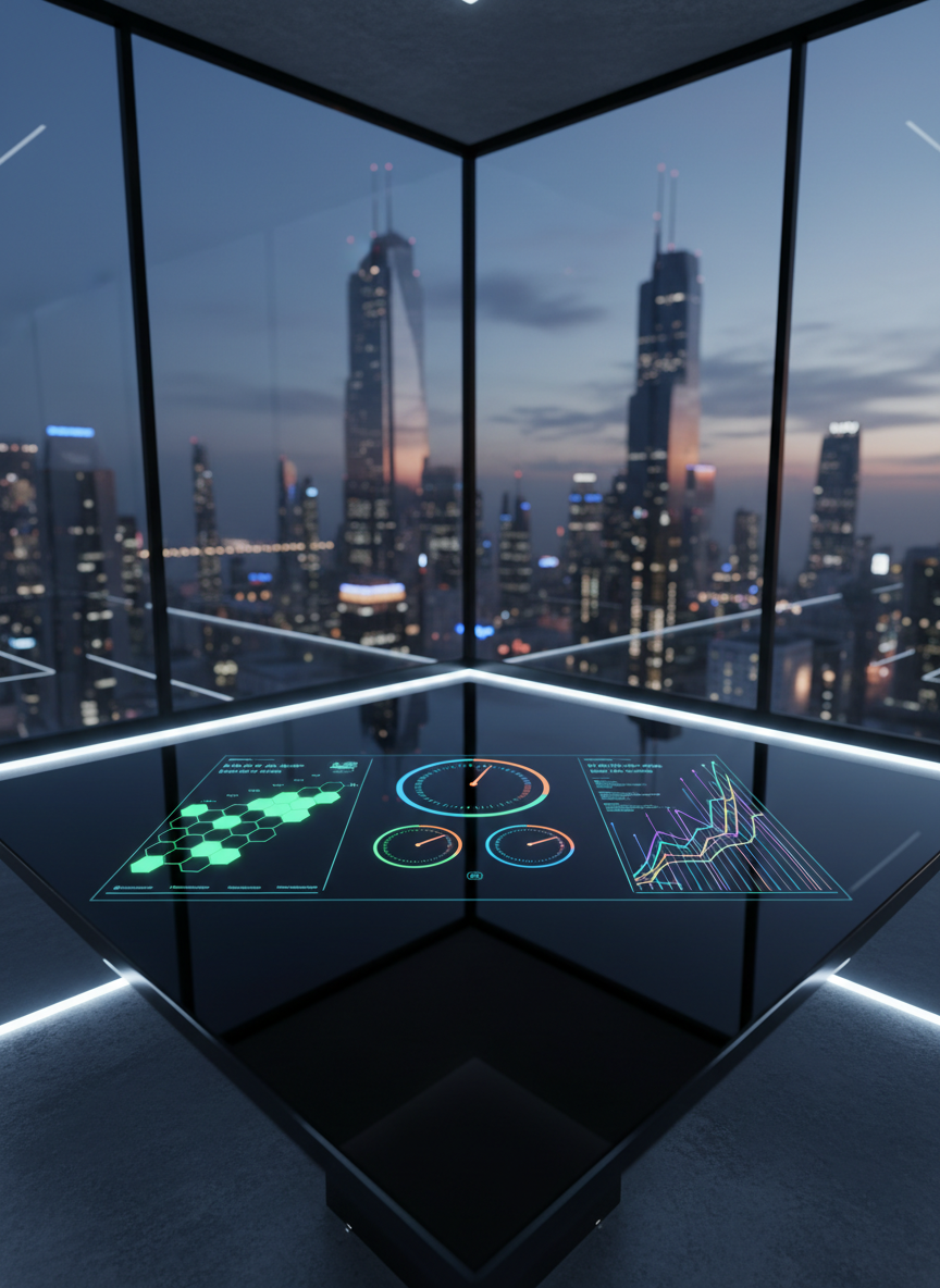A pristine, high-tech control dashboard embedded into a minimalist black glass table, its surface displaying glowing, multicolored performance meters, habit trackers, and cascading growth curves, all trending sharply upward. Around the table, the room is a clean, modern workspace with glass walls revealing a distant, futuristic city skyline at dusk. Cool blue and white LED strip lights run along the edges of the table, creating reflections and subtle highlights on the glossy surfaces. Photographed from a slightly elevated angle with a wide lens, the dashboard dominates the foreground while the city remains tastefully blurred, conveying focus, ambition, and constant scaling in a photographic realism style with a precise, professional mood.