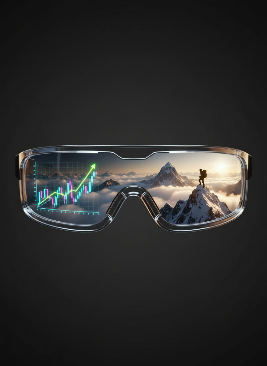 A sleek transparent pair of futuristic goggles seen up close, with one lens reflecting a glowing upward financial graph and the other lens revealing a powerful, symbolic scene of personal achievement—such as a lone climber reaching a summit above the clouds, representing scaling personal goals. High contrast, cinematic lighting, dark minimal background, sharp, modern, aspirational, matching the existing Fear Goggles visual style.