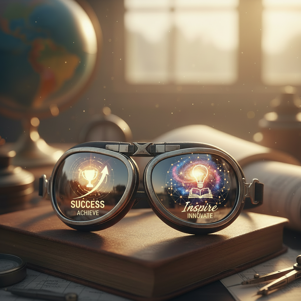 Vintage goggles on a book displaying 'SUCCESS' and 'Inspire' with motivational icons.
