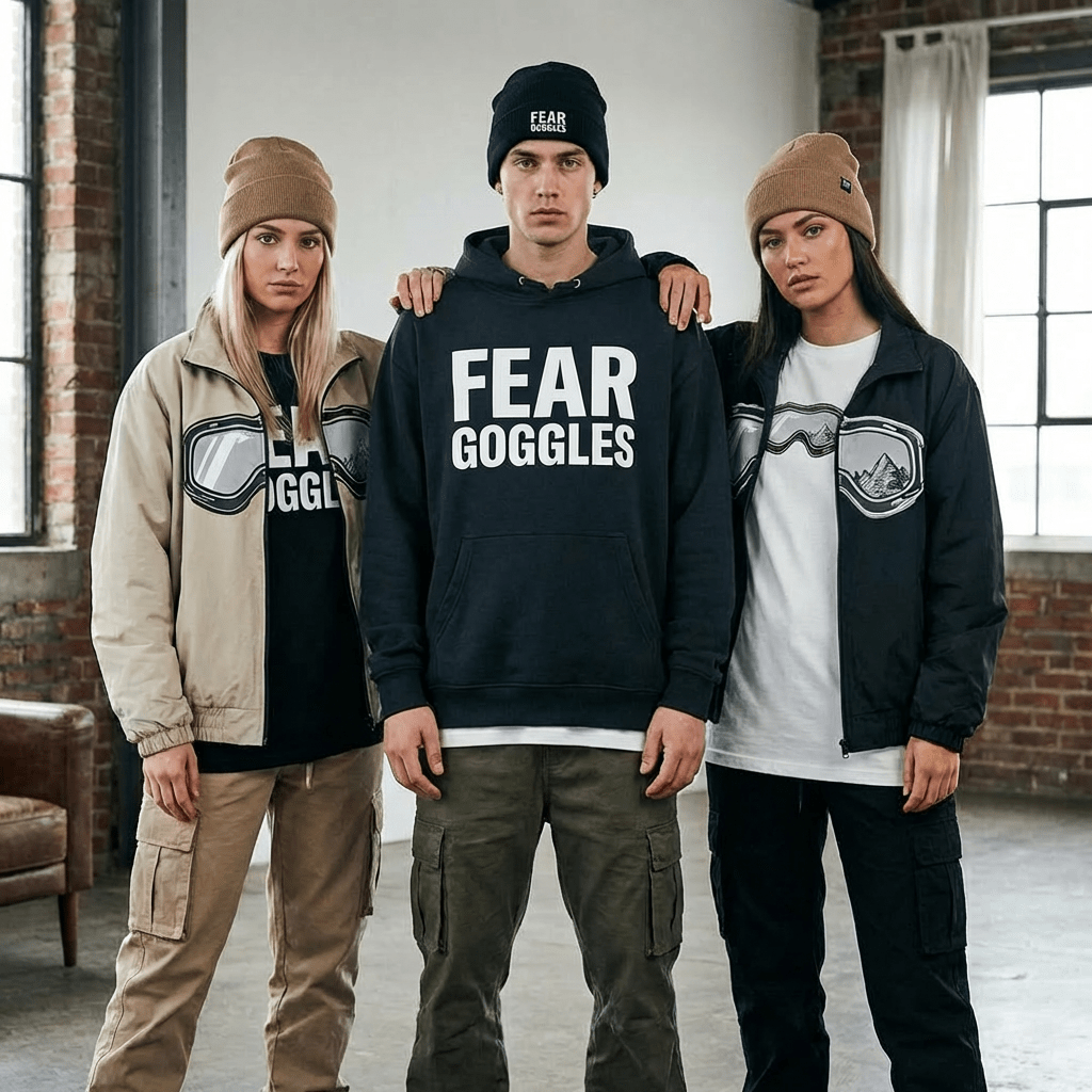 Three models in an industrial studio wearing Fear Goggles brand winter and streetwear apparel.