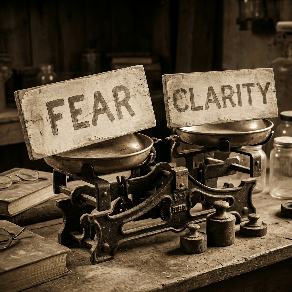 Antique balance scale holding wooden blocks reading FEAR and CLARITY.